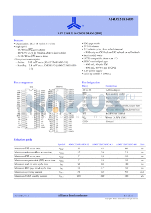 AS4LC256K16E0-60JC datasheet - 3.3V 256K x 16 CM0S DRAM (EDO), 60ns RAS access time