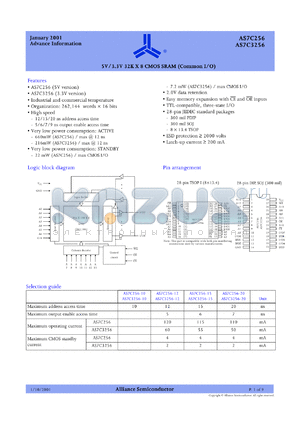 AS7C3256-10PC datasheet - 3.3V 32K x 8 CM0S SRAM (common I/O), 10ns access time