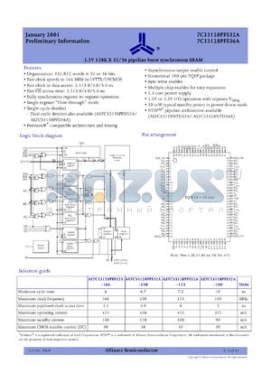 AS7C33128PFS32A-150TQC datasheet - 3.3V 128K x 32 pipeline burst synchronous SRAM, clock speed - 150 MHz