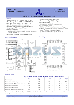 AS7C33128PFS36A-150TQI datasheet - 3.3V 128K x 36 pipeline burst synchronous SRAM, clock speed - 150 MHz