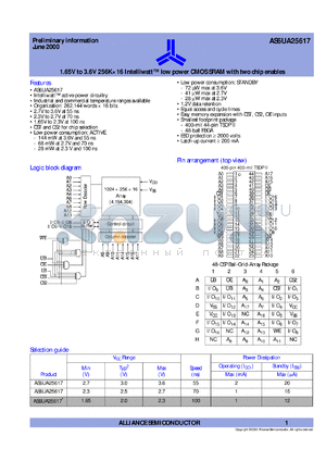 AS6UA25617-BC datasheet - 1.65V to 3.6V 256K x 16 Intelliwatt low-power CMOS SRAM with two chip enables
