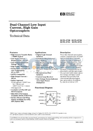 HCPL-0730/500 datasheet - Dual channel low input current, high gain optocoupler