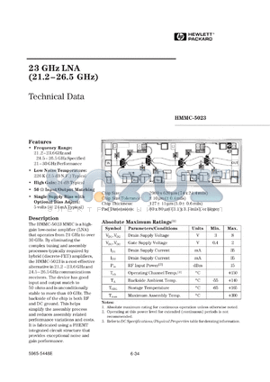 HMMC-5023RF datasheet - 23GHz LNA (21.2-26.5GHz)