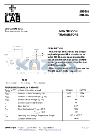 2N5681SMD datasheet - 100V Vce, 1A Ic, 30MHz NPN bipolar transistor