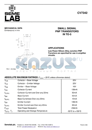 CV7342 datasheet - 25V Vce, 0.05A Ic, 0.25MHz PNP bipolar transistor