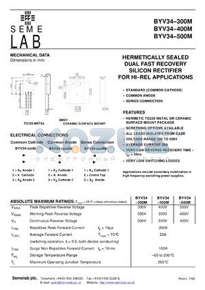 BYV34-300SMD datasheet - 300V, 2x10A Dual Fast Recovery common cathode Rectifier diode