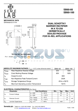 SB60-60M datasheet - 60V, 60A Dual Schottky common cathode Rectifier diode