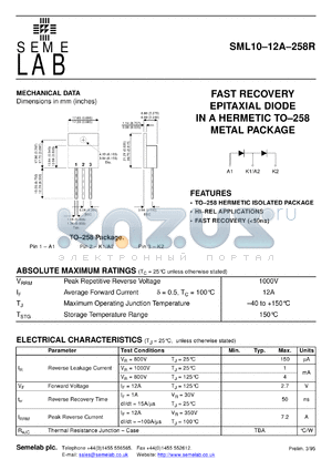 SML10-12A-T258R datasheet - 1000V, 12A High Speed Rectifier diode