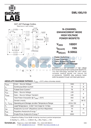 SML100J19F datasheet - 1000V Vdss N-Channel+Fred FET (field effect transistor)