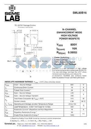 SML80B16F datasheet - 800V Vdss N-Channel+Fred FET (field effect transistor)