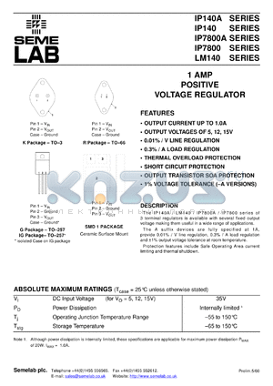 LM140AR-15 datasheet - 1.0A, 15V Positive Voltage Regulator