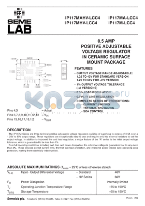 IP117LCC4 datasheet - 1.5A Adjustable Positive Voltage Regulator