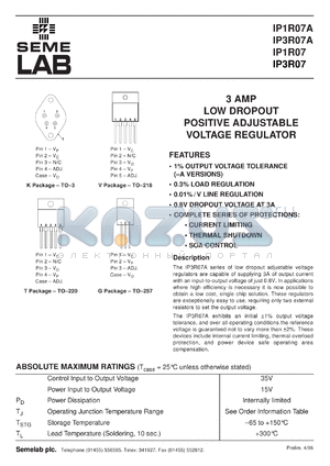 IP1R07AG datasheet - Adjustable Positive Voltage Regulator - Low Drop Out