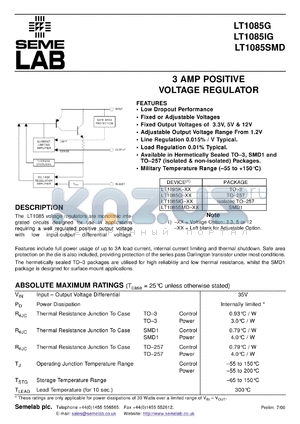 LT1085-T257 datasheet - 1.5A Adjustable Positive Voltage Regulator - Low Drop Out