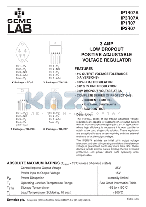 IP3R07AK datasheet - 3.0A Adjustable Positive Low Dropout 3 Amp Positive Adjustable Voltage Regulator