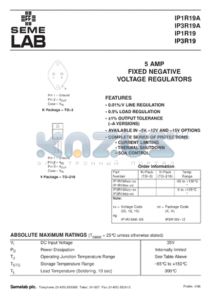 IP1R19AK-12 datasheet - 5.0A, 12V Negative Voltage Regulator