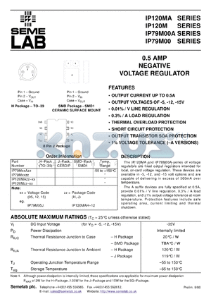 IP79M12ASMD datasheet - 0.5A, 12V Negative Voltage Regulator