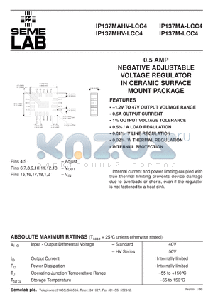 IP137MHVLCC4 datasheet - 0.5A Adjustable Negative Voltage Regulator