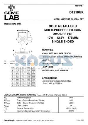 D1210UK datasheet - 12.5V, 10W, 1MHz-175MHz single-edded RF