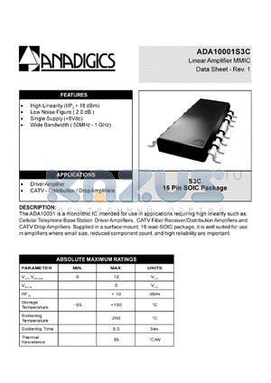 ADA10001S3C datasheet - CATV/TV/cable modem unconverter MMIC