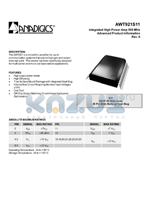 AWT9221S11 datasheet - Integrated high power amp 900 MHz