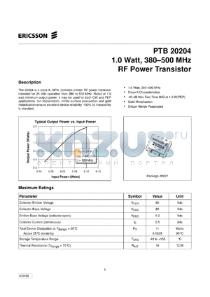 PTB20200 datasheet - 30 watts, 380-500 MHz RF power transistor