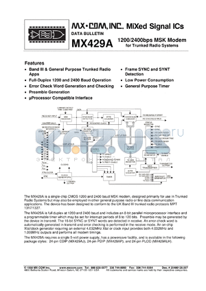 MX429ALH datasheet - 1200/2400bps MSK modem
