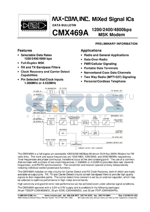 CMX269AP6 datasheet - 1200/2400/4800bps MSK modem
