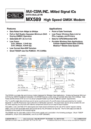 MX589DW datasheet - High speed GMSK modem