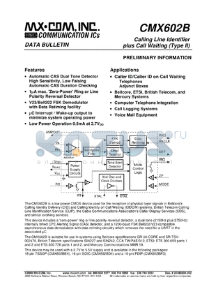 CMX602BD4 datasheet - Calling line identifier plus call waiting