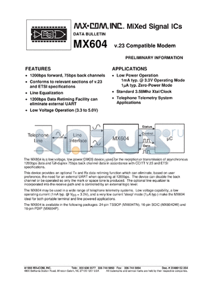 MX604DW datasheet - v.23 compatible modem