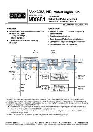 MX651DW datasheet - Telephone subscriber pulse metering & anti fraud tone processor