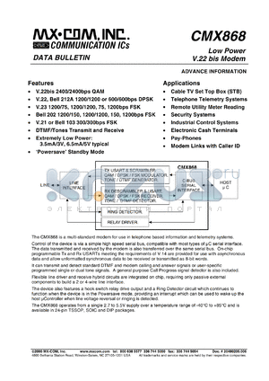 CMX868P4 datasheet - Low power V.22 bis modem