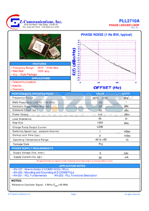 PLL2710A datasheet - Low current 2670-2740 MHz PLL (Phase Locked Loop)