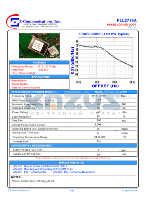 PLL2716A datasheet - Low current 2715-2717 MHz PLL (Phase Locked Loop)