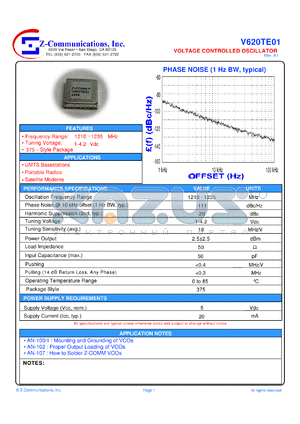 V620TE01 datasheet - 1210-1235 MHz VCO (Voltage Controlled Oscillator)
