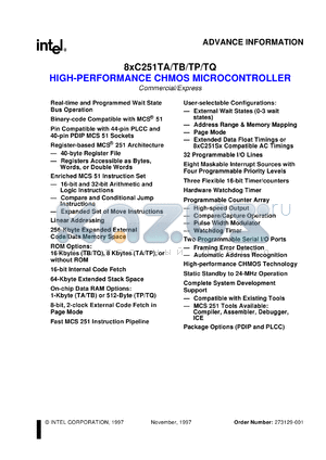 C80C251TQ datasheet - High-performance CHMOS microcontroller. 512 bytes RAM, without ROM, 24 MHz