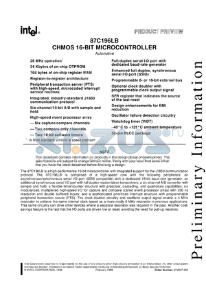 AN87C196LB-20 datasheet - CHMOS 16-bit microcontroller. 24 Kbytes OTPROM, 768 bytes RAM, 20 MHz