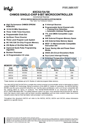 TP80C58-24 datasheet - CHMOS single-chip 8-bit microcontroller. 3.5 MHz to 24 MHz, 5 V, ROM 32 Kbytes, RAM 256 bytes