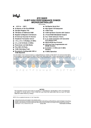 AN87C196KD datasheet - 16-bit high performance CHMOS microcontroller OTPROM, 32 Kbytes, 16 MHZ