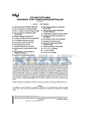 N87C196KS datasheet - Advanced 16-bit CHMOS microcontroller. EPROM 24K, Reg RAM 1K, Code RAM 256b, I/O 56