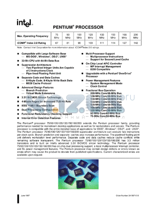 FV100 datasheet - Pentium processor. Max. operating frequency 100 MHz, iCOMP index 2.0 rating 90