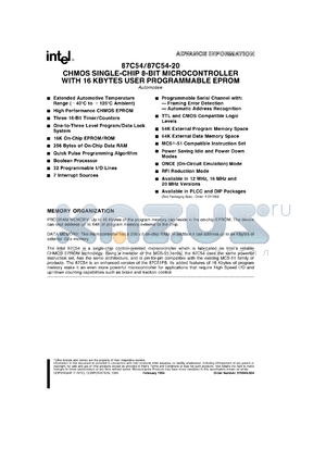 N87C54-20 datasheet - CHMOS single-chip 8-bit microcontroller with 16 Kbytes user programmable EPROM