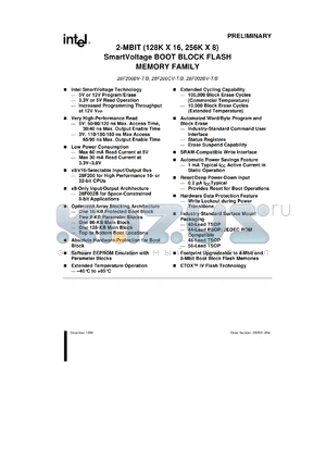 E28F002BV-T60 datasheet - 2-Mbit (128K x 16, 256K x 8) SmartVoltage boot block flash memory family. Access speed Vcc=5V, voltage options (Vpp/Vcc) V=(5 or 12 / 3.3 or 5)