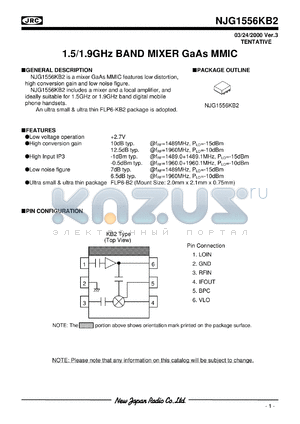 NJG1556KB2 datasheet - 1.5/1.9GHz band mixer  GaAs MMIC