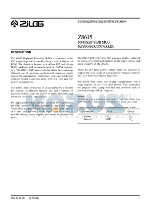 Z861505PSC datasheet - 5 MHz keyboard controller (KBC) NMOSZ8 8-bit MCU. 4 Kbytes of ROM