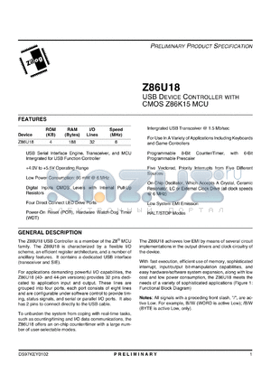 Z86U18FSC datasheet - USB device controller with CMOS Z86K15 MCU. 4 Kbytes of ROM, 188 bytes of RAM, 6 MHz