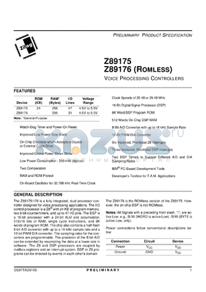 Z8917520FSC datasheet - Voice processing controller. 20.48 MHz