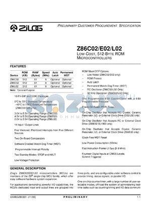 Z86C0208PSC datasheet - Low-cost microcontroller. 512 bytes ROM, 61 bytes RAM, 8 MHz