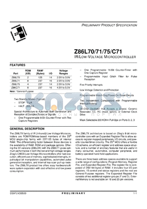 Z86L7008PSC datasheet - IR/Low-voltage microcontroller. 8.0 MHz, 2 (KB) ROM, 125 (bytes) RAM, I/O 14,  2.0 V to 3.9 V